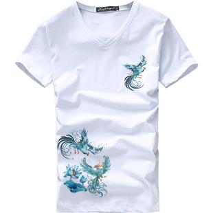 中国风潮流t恤男短袖纯棉v领青鸾神鸟半袖上衣青年修身体恤衫男装