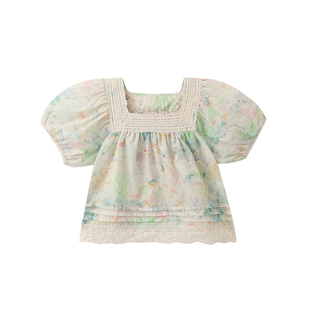 布丁哈鲁童装女童洋气小衫2026夏季新款儿童甜美洋气扎染花边上衣