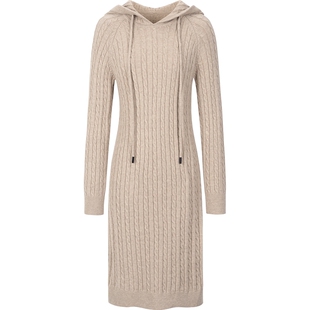米色长袖针织连衣裙女修身kbne气质春秋冬新款连帽毛衣裙显瘦长裙