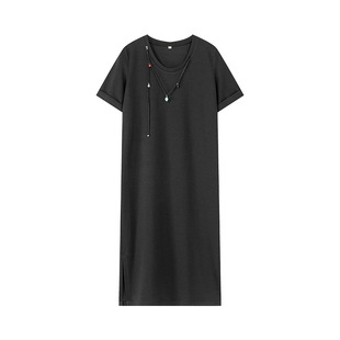 一城画一夏季简约百搭圆领休闲纯色舒适时尚长款连衣裙