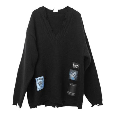 西町村屋休闲宽松V领破洞毛衣女