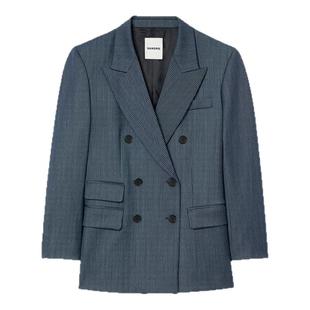 季末6折SANDRO2025秋冬新款女装蓝色条纹戗驳领双排扣西装外套