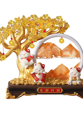 水晶发财树招财猫流沙画摆件