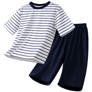 安奈儿童装男童女童圆领短袖家居套装2026夏新款撞色条纹睡衣裤