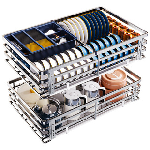 厨房拉篮橱柜304不锈钢双层抽屉式碗架碗碟篮碗柜厨柜碗篮柜收纳