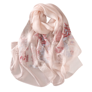 中国风真苏州丝刺绣丝巾女春夏季薄款长方形植物花卉披肩围巾送礼