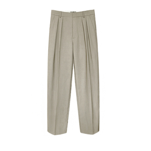 TRENDYWU 经典常青“纨绔”燕麦灰精纺羊毛静奢双褶锥形垂感西裤