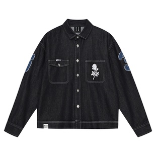 MEDM 纯色简约休闲翻领牛仔夹克春秋潮流数字logo贴布宽松外套男