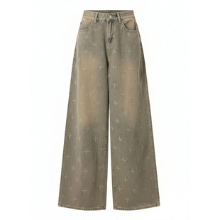 300斤特大码胖mm美式十字星满印牛仔裤女复古设计感水洗阔腿裤子