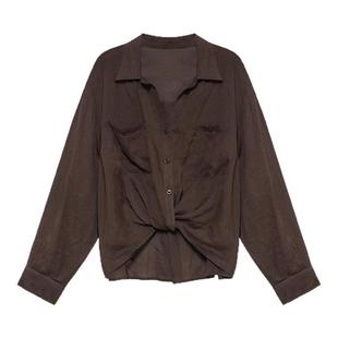 贰羊设计【墨柒】经典老钱风翻领衬衫女天丝麻宽松慵懒复古咖衬衣