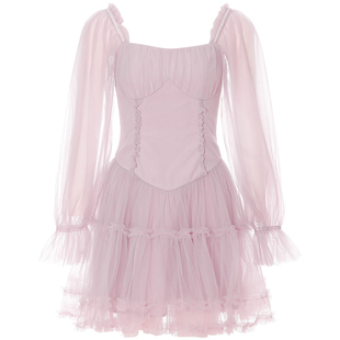 sincethen 粉色甜美连衣裙薄纱方口领长袖短裙公主风短款裙子夏季