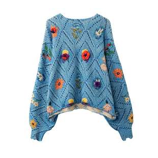 宝诗黎蝙蝠袖立体提花慵懒毛衣2026春季新款短款宽松针织上衣女