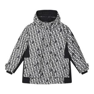 FILA 斐乐官方女士中长款羽绒服2024冬新款时尚拼色提花连帽外套