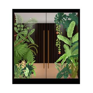 夏季热带绿植玻璃门装饰贴纸咖啡店橱窗美化氛围植物花卉静电贴画