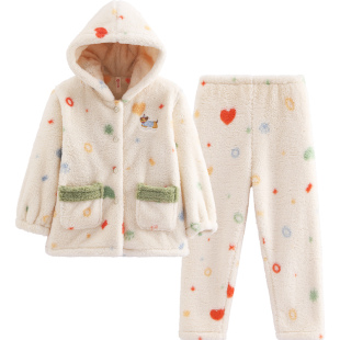 芬腾亲子睡衣女童秋冬季珊瑚绒连帽儿童中大童加绒母女家居服套装