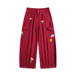 2025秋季大码胖mm复古花朵刺绣牛仔裤女工装多口袋宽松阔腿弯刀裤