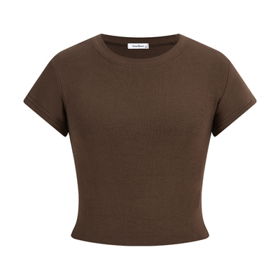 咖色圆领短袖t恤短款插肩袖上衣