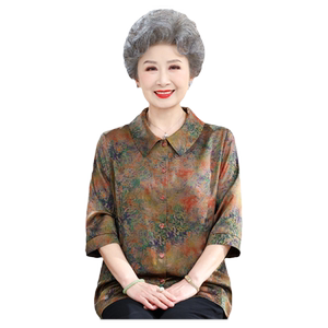 中老年人夏装女奶奶装衬衫宽松大码真丝绸缎老太太衣服妈妈装套装