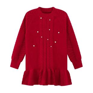 左西女童红色毛衣连衣裙拜年服儿童秋冬2025新款女孩冬季鱼尾裙子