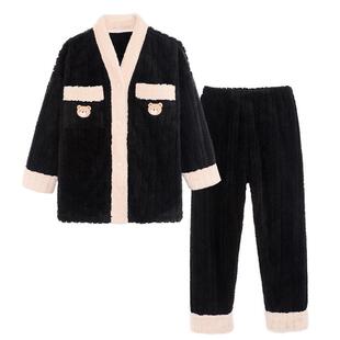 睡衣女冬珊瑚绒加厚黑色2024新款家居服女士设计师款高级感可外穿