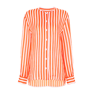 Bettychow 梅丁同款！苎麻橘色条纹衬衫个性时髦海魂长袖上衣