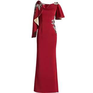 创意狐红色气质礼服女长款高端宴会主持人礼服裙气质晚礼服演出服