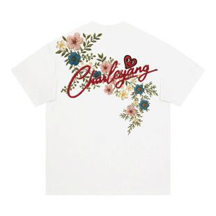 查尔斯桃心 仿刺绣花朵纯棉短袖T恤男女夏季美式潮牌宽松情侣上衣