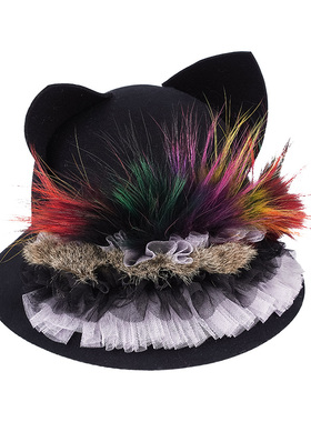 混色皮草蕾丝毛呢盆帽 CREAMPP 设计师款一体软小恶魔耳朵时装帽