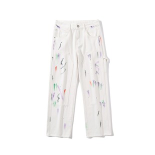 高街美式涂鸦泼墨白色牛仔裤男宽松直筒潮牌痞帅设计感阔腿长裤子