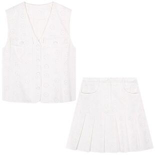 落落狷介 五一穿搭一整套夏季白色套装裙女两件套刺绣马夹+百褶裙