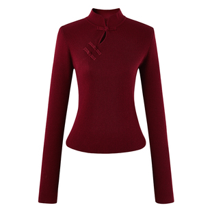 秋水伊人新中式立领安可拉红针织衫2025冬新款国风打底红色上衣女