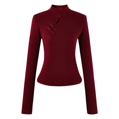 秋水伊人新中式立领安可拉红针织衫2025冬新款国风打底红色上衣女