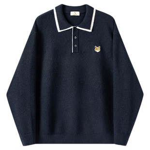 威廉福克斯秋季重磅假两件加厚混色长袖复古女款POLO衫针织衫男款
