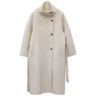 一三良品小个子 米白色立领宽松洋气羊毛双面呢大衣女冬长款外套