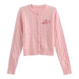 森女部落甜美风草莓刺绣粉色短款针织开衫女2025新款秋季宽松毛衣