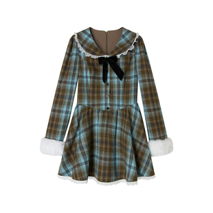 【甜野牧歌】Uena蓝咖色格纹蕾丝花边翻领长袖连衣裙附可拆卸毛袖