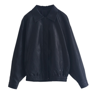 徐大脸吖定制 蜡感薄软皮短外套春秋黑色立领廓形polo皮衣夹克女