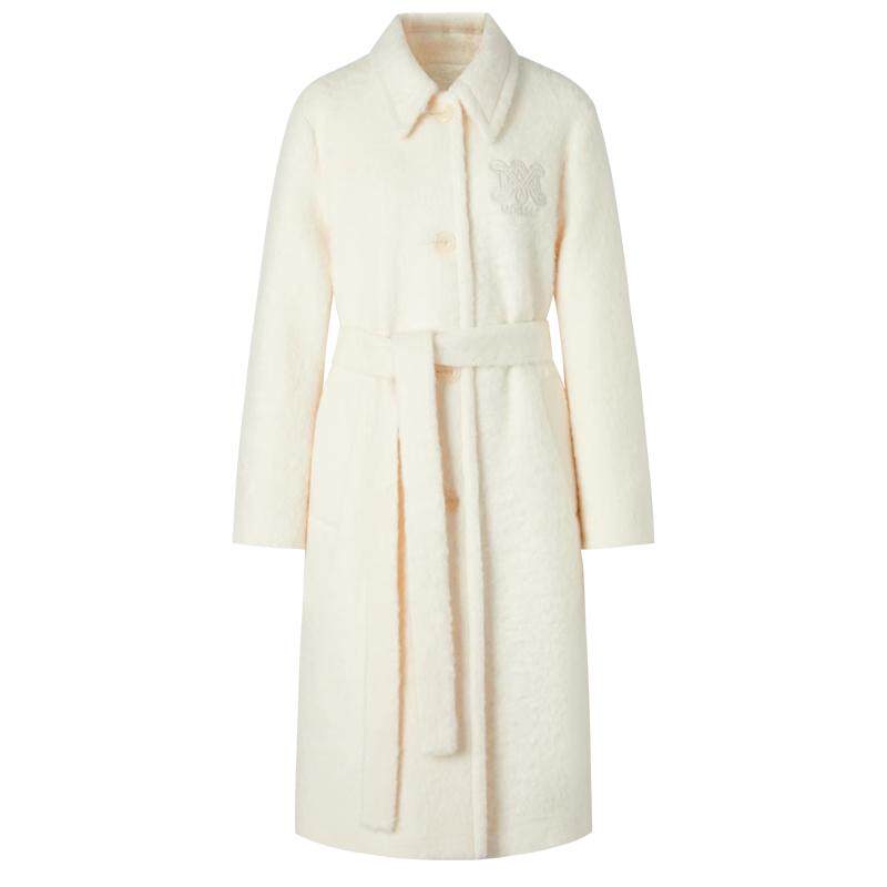 商场同款 摩萨克冬绵羊毛H型圈圈呢长款大翻领白色毛呢大衣