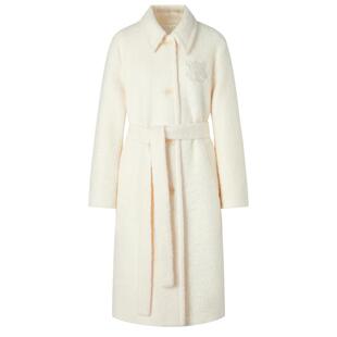 MOISSAC摩萨克冬绵羊毛H型圈圈呢长款大翻领白色毛呢大衣