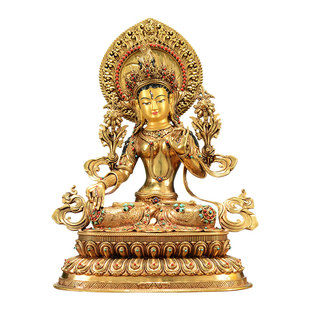 欧斯特全鎏金《白度母》精工铜雕家用《白多罗观音》铜佛像摆件