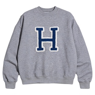 Basic House/百家好藏青色圆领卫衣女士2025冬季字母印花宽松外套