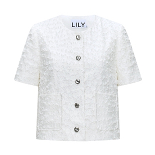 LILY2026夏新款女装含莱赛尔亚麻法式小香风圆领休闲白色短袖外套