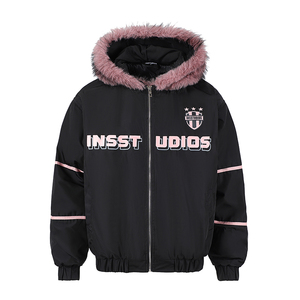 INSstudios 国潮牌情侣美式黑粉座山雕外套加厚保暖毛毛连帽棉服