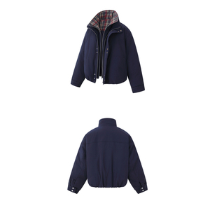 美式复古立领短款羽绒服男宽松拉链外套加厚保暖百搭假两件藏青色