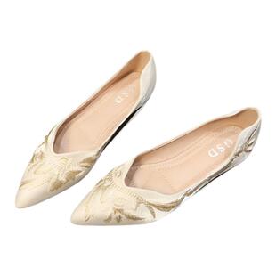 法式古风新中式尖头平底单鞋女配旗袍绣花鞋子舒适软底浅口豆豆鞋