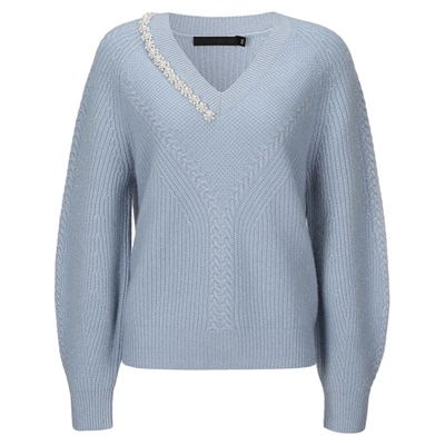 羚荌渼V领钉珠绞花羊绒衫女宽松