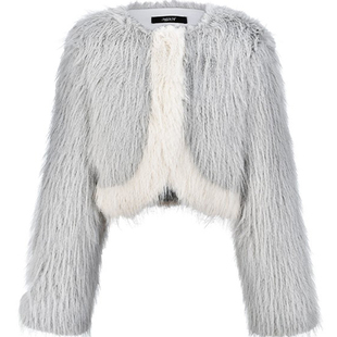 AGAM 原创设计感灰色毛毛皮草辣妹短款开衫厚外套秋冬