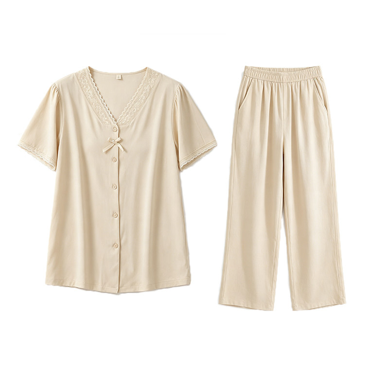 【莱赛尔】睡衣女士夏季短袖长裤带胸垫蕾丝边纯棉凉感家居服套装