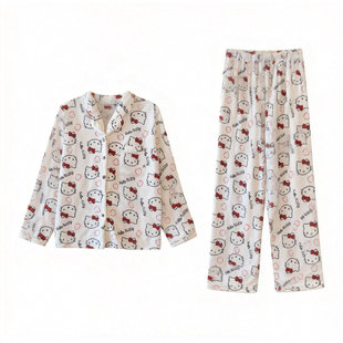 猫人高级感法兰绒睡衣女秋冬季加绒加厚KT家居服宽松套装可外穿冬