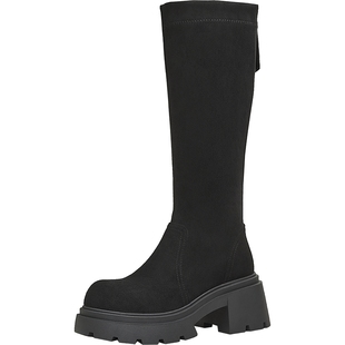 天美意厚底增高弹力靴加绒高筒时装靴女鞋子瘦瘦靴长靴2025冬新款